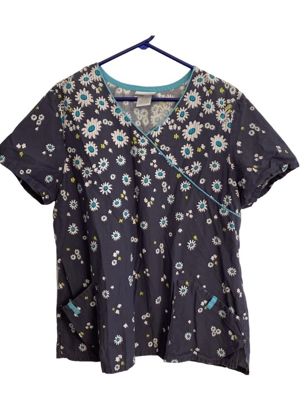 Scrubstar Daisy Floral Print V-Neck Scrub Top Navy Blue Turquoise XL